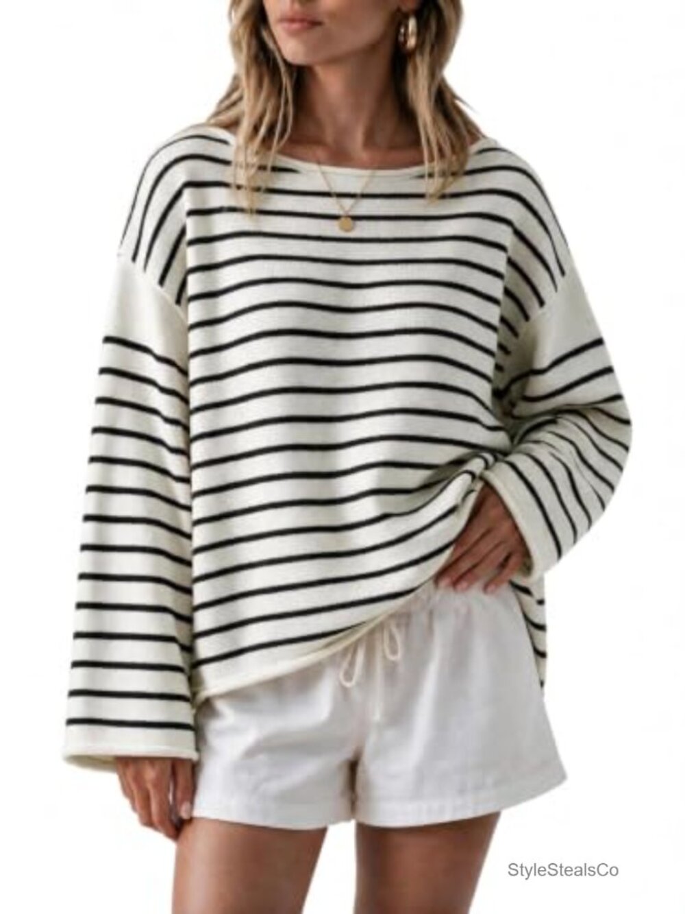 Oversized Striped Sweater Long Sleeve Boat Neck Pullover Fall Top
